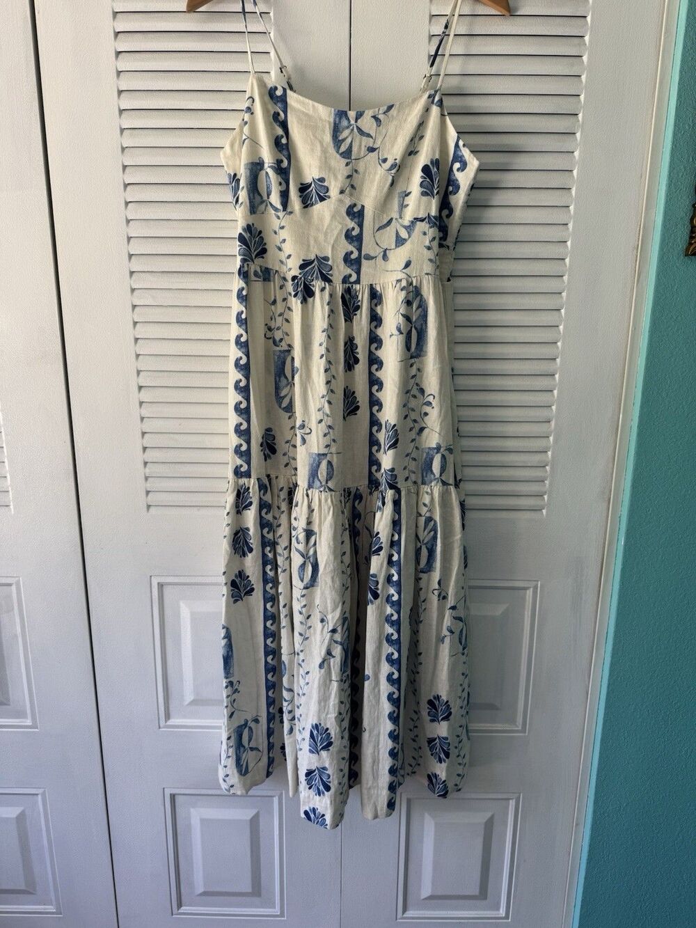 NWT Calypso St Barth Linen Blend Blue White Tiered Maxi Dress Medium Pockets - Picture 9 of 13